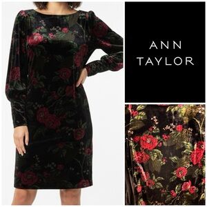 NWOT Ann Taylor Black Velvet Shift Dress with Red Floral Design